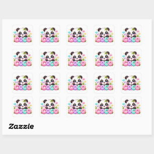 Sticker Carré Mignon Kawaii Coco Panda Nom Pastel Rose Étincelan