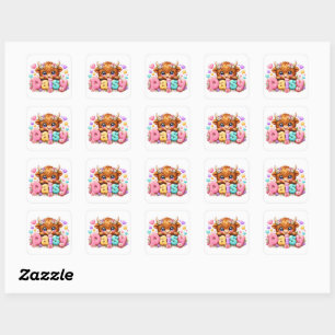 Sticker Carré Mignon Kawaii Daisy Highland Cow Nom Pastel Rose F