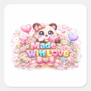 Sticker Carré Mignon Kawaii Fabriqué Avec Amour Chat Nom Pastel