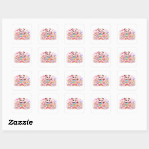 Sticker Carré Mignon Kawaii Fabriqué Avec Amour Chat Nom Pastel