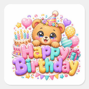 Sticker Carré Mignon Kawaii Joyeux Anniversaire Ours en Peluche 