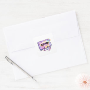 Sticker Carré Mignon Kawaii Rétro Cassette Ruban Pastel Violet M
