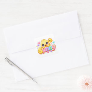 Sticker Carré Mignon Kawaii Sunny Chick Nom Pastel Rose Pailleté