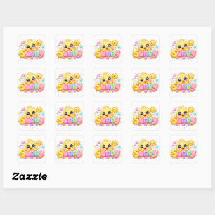 Sticker Carré Mignon Kawaii Sunny Chick Nom Pastel Rose Pailleté
