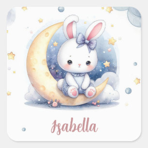 Sticker Carré mignon lapin assis sur la lune