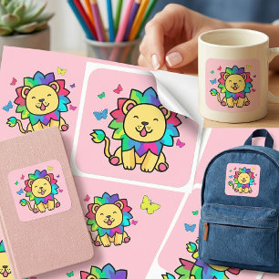 Sticker Carré Mignon lion Kawaii souriant avec papillons de dess