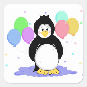 Sticker Carré Mignon manchot avec ballons de fête