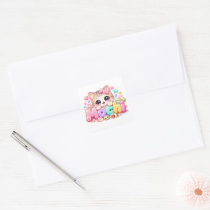 Sticker Carré Mignon Mochi Chat Nom Pastel Rose Étincelant K