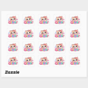 Sticker Carré Mignon Oliver Chat Nom Pastel Rose Étincelant
