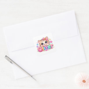 Sticker Carré Mignon Oliver Chat Nom Pastel Rose Pailleté