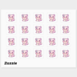 Sticker Carré Mignon Ours Rose Pastel Chibi Chatoune Cœur St
