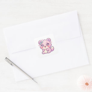 Sticker Carré Mignon Ours Rose Pastel Chibi Chatoune Cœur St