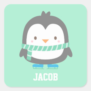 Sticker Carré Mignon Petit Manchot avec Écharpe d'Hiver Pour Enf
