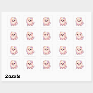 Sticker Carré Mignon Pomeranian Kawaii chiot Chien Nœud Violet P