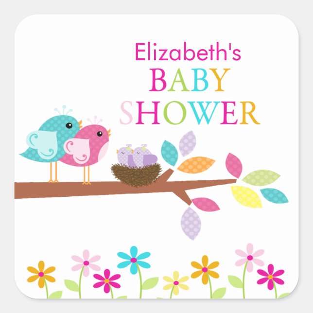 Sticker Carré Mignonette Oiseaux Nest Merci Twins Baby shower Ca (Devant)