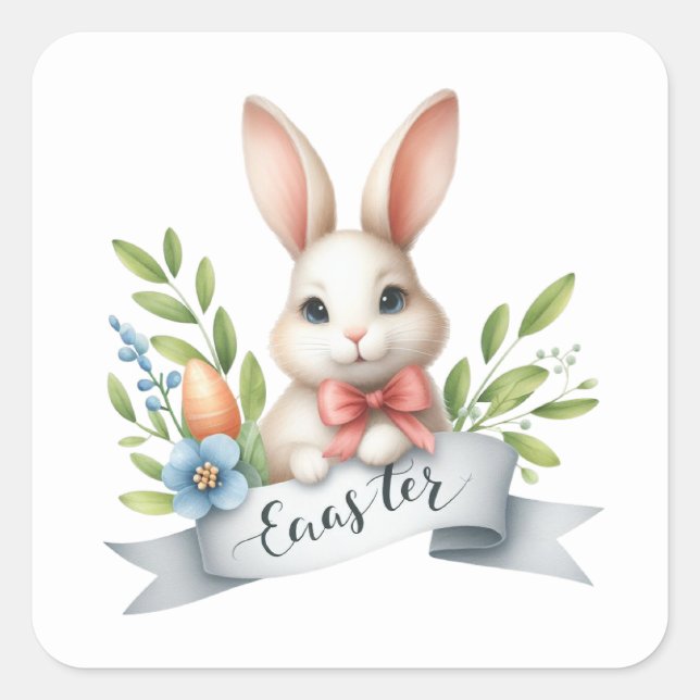 Sticker Carré Mignonne aquarelle de lapin de Pâques (Devant)