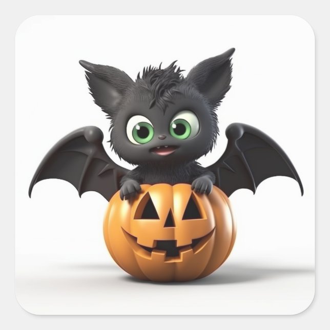 Sticker Carré Mignonne batte d'halloween sur citrouille (Devant)