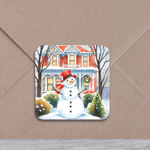 Sticker Carré Mignonne bonhomme de neige en banlieue Noël