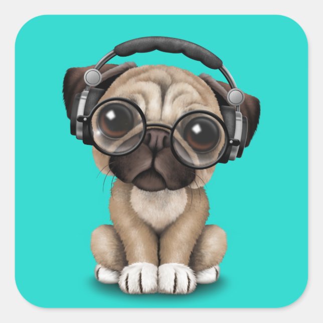 Sticker Carré Mignonne Carlin Chiot Portant un casque (Devant)