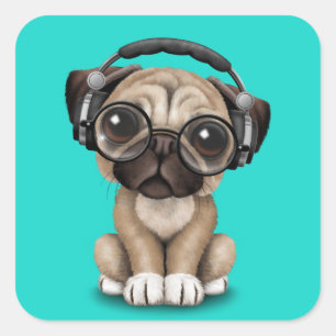 Sticker Carré Mignonne Carlin Chiot Portant un casque