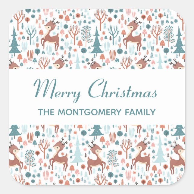 Sticker Carré Mignonne cerf en Forêt Whimsical Noël Motif (Devant)