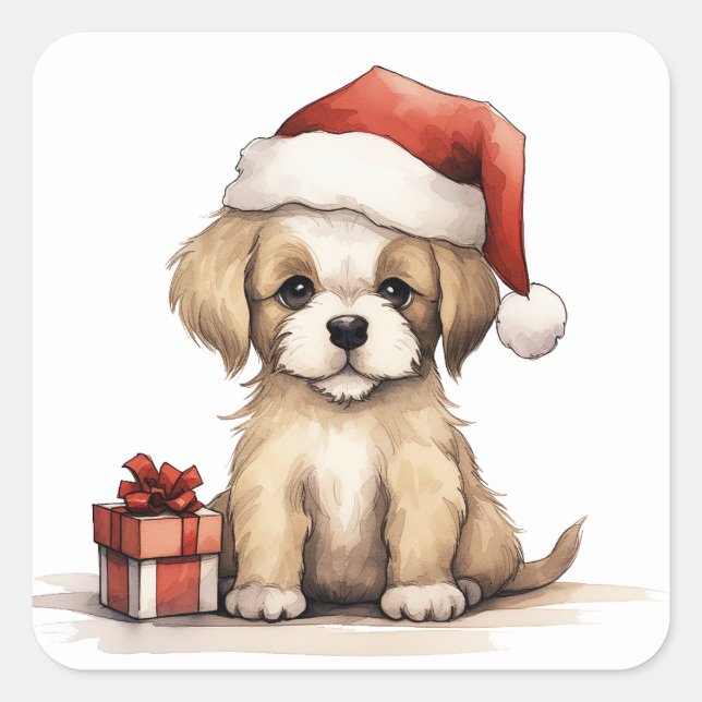 Sticker Carré Mignonne chiot portant un chapeau de Noël (Devant)