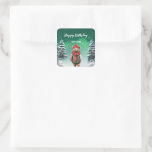 Sticker Carré Mignonne en peluche Ours Noël arbre d'anniversaire