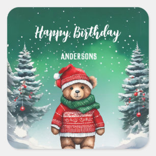 Sticker Carré Mignonne en peluche Ours Noël arbre d'anniversaire