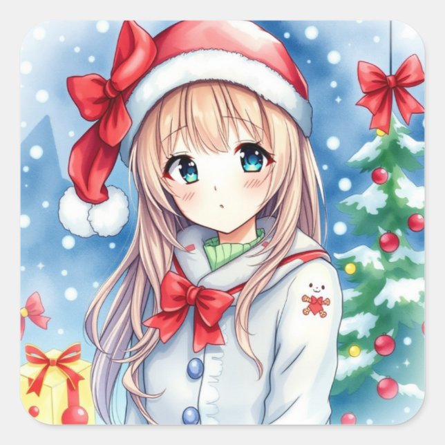 Sticker Carré Mignonne Festive Anime Fille Noël (Devant)