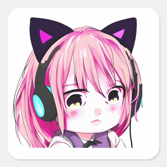 Sticker Carré Mignonne fille Anime avec oreilles de chat (Devant)