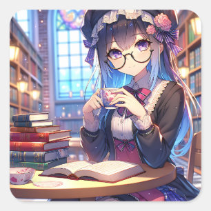 Sticker Carré Mignonne fille Anime dans les lunettes Lecture