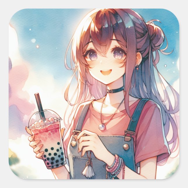 Sticker Carré Mignonne fille Anime tenant un Boba Tea (Devant)