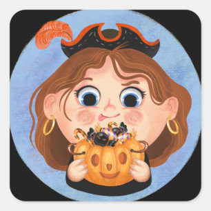 Sticker Carré Mignonne fille en costume d'Halloween pirate Candy