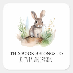 Sticker Carré Mignonne lapin avec Feuilles verts Ce livre fait p