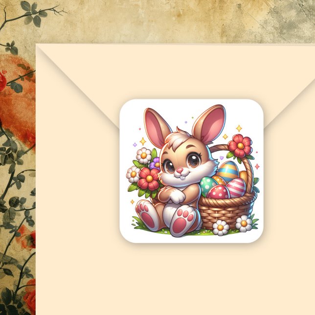 Sticker Carré Mignonne lapin de Pâques Whimsical avec panier (Créateur téléchargé)
