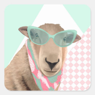 Sticker Carré Mignonne Mouton Avec Lunettes