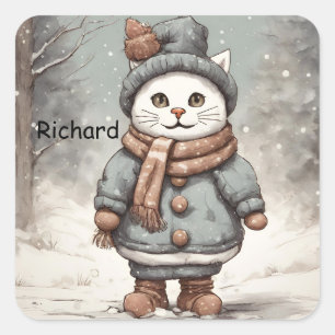 Sticker Carré Mignonne Noël Chat Snowman Aquarelle Whimsical