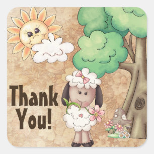 Sticker Carré Mignonne Petite fille Moutons et Fleurs Merci