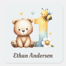 Sticker Carré Mignonne premier anniversaire Ours et abeille