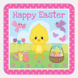 Sticker Carré Mignonne Printemps de Pâques poussins et oeufs au 