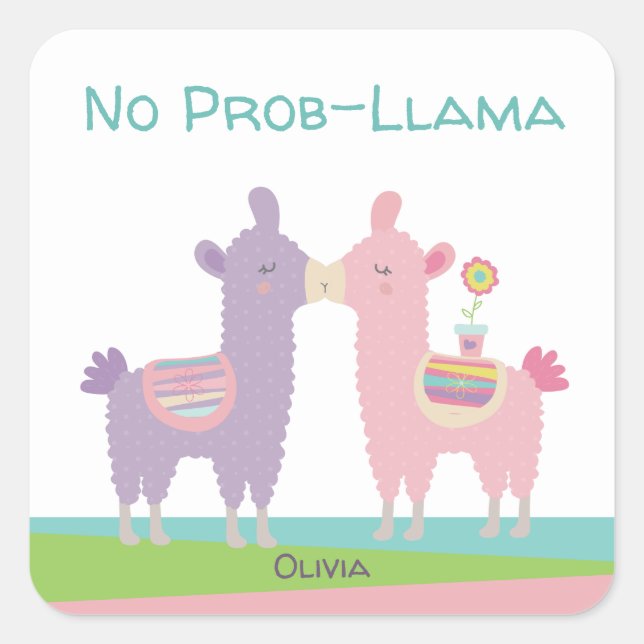 Sticker Carré Mignonne rose violet llama embrasser kawaii girly  (Devant)