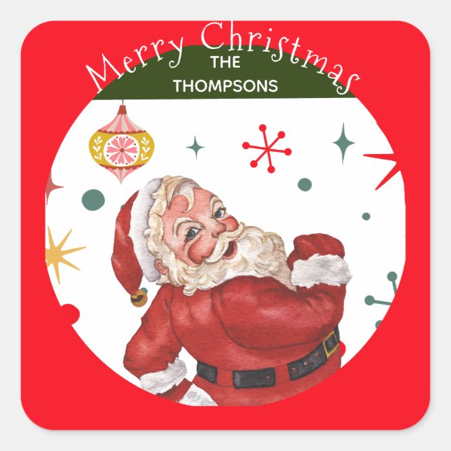 Sticker Carré Mignonne Rouge et Vert Monogramme Noël Père Noël (Devant)