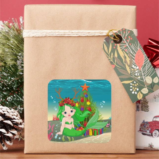 Sticker Carré Mignonne sirène de Noël (vacances)