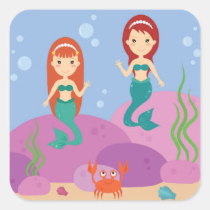Sticker Carré Mignonne soeur sirènes nageant sous l'eau
