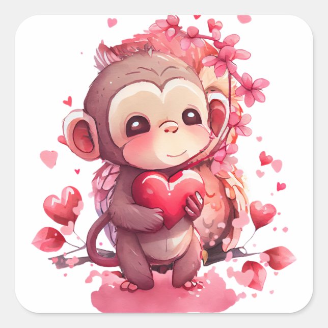 Sticker Carré Mignonne Valentine du Singe au Cœur (Devant)