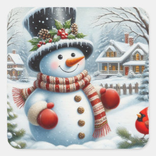 Sticker Carré Mignonne, Vintage/Whimsical bonhomme de neige de N