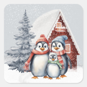 Sticker Carré Mignons Manchots de Noël Famille Fêtes