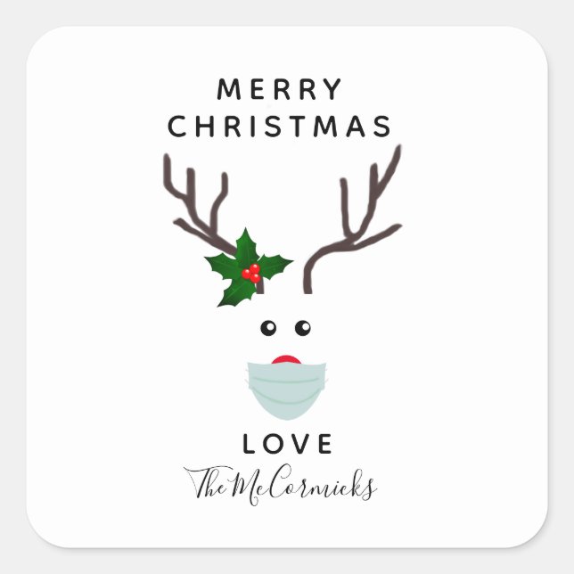 Sticker Carré Mignons Reindeer 2020 Dans Le Masque Visage Nom (Devant)