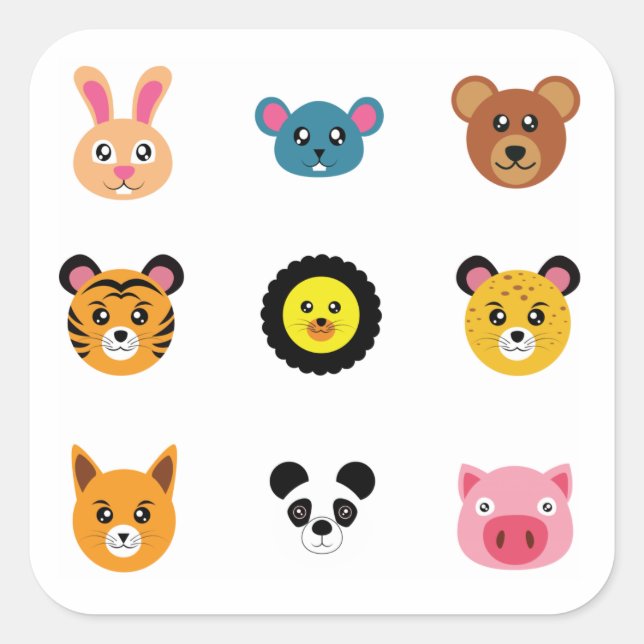 Sticker Carré Mignons visages d'animaux (Devant)