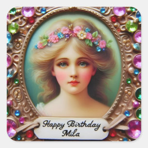 Sticker Carré MILA ~ JOYEUX ANNIVERSAIRE ~ Vintage fille ~